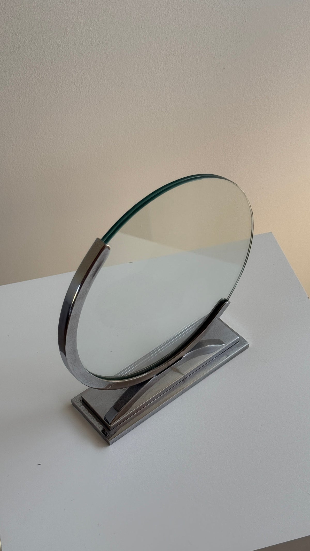 British Art Deco Circular Polished Chrome Photo Frame c.1930 — lifestyle setting