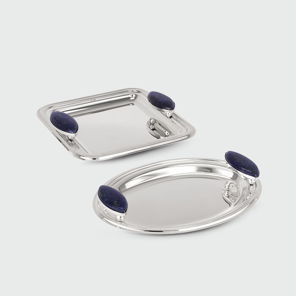 Oval Lazuli Tray — close-up of polished metal with lapis lazuli handles