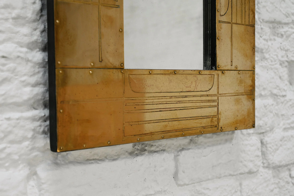 Jean Blazy Sculptural Etched Brass Mirror, France, 1970s — detail view