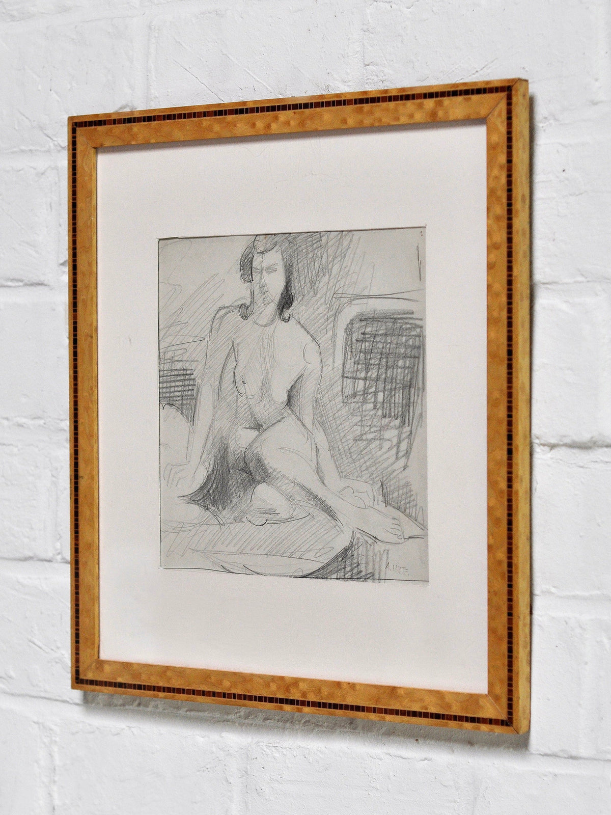 The André Lhote (1885–1962) Drawing in Pencil by Introverso shows a nude figure seated with crossed legs, rendered in loose, expressive lines and shading, and is beautifully displayed on a white brick wall.