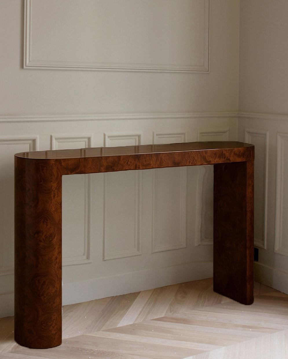 Luna Console Burl Wood — side angle