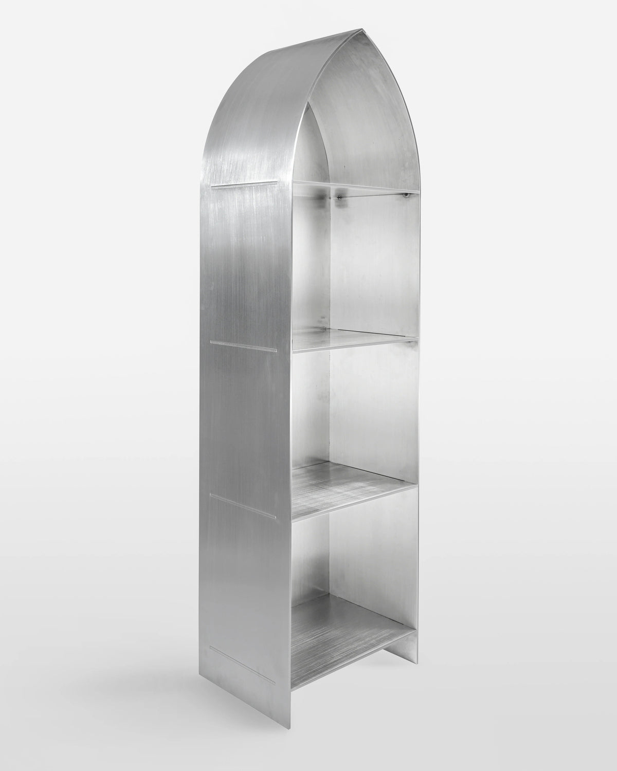 Slim arch bookcase in brushed steel with three shelves, side view