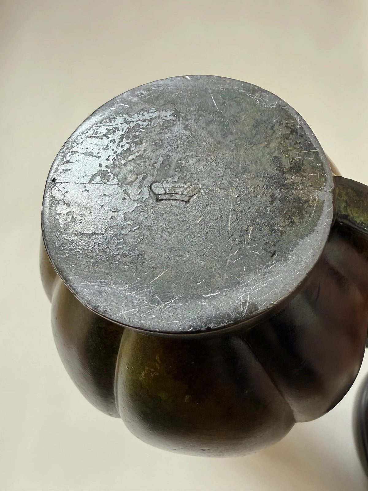 Danish Bronze Vase with Ribbed Form, 1910s — top view of bronze base texture