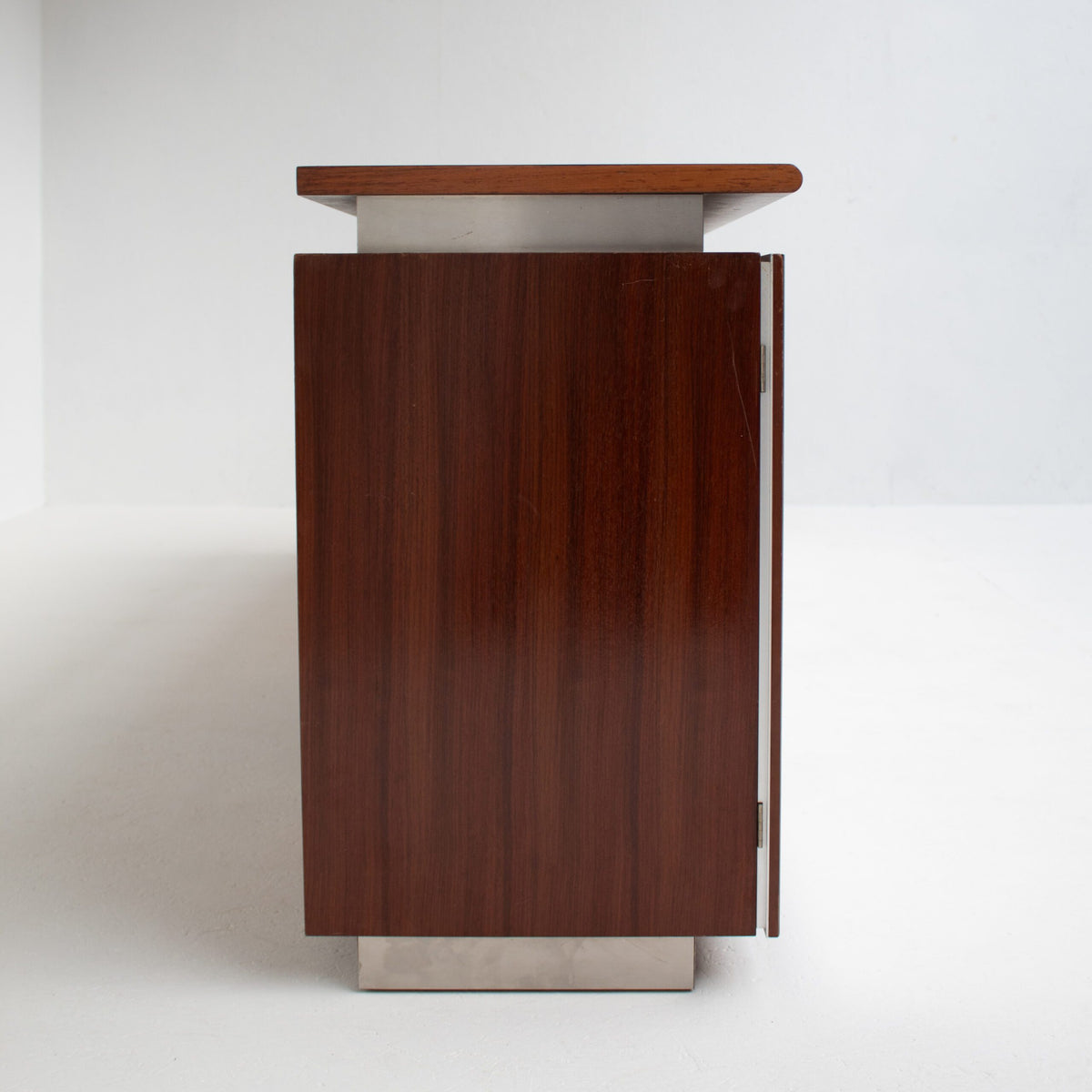 Brown Acerbis Cabinet with Chrome Doors — side view highlighting rich brown wood finish