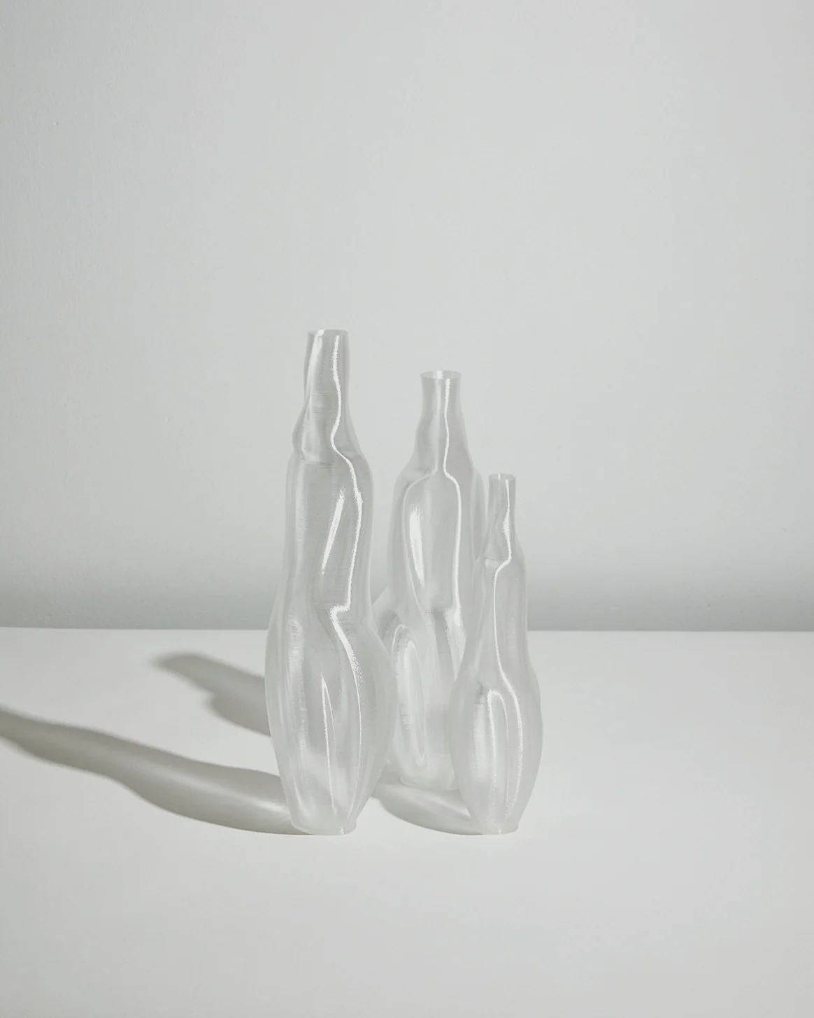 Éson Vessel — close-up of frosted glass vases on white surface