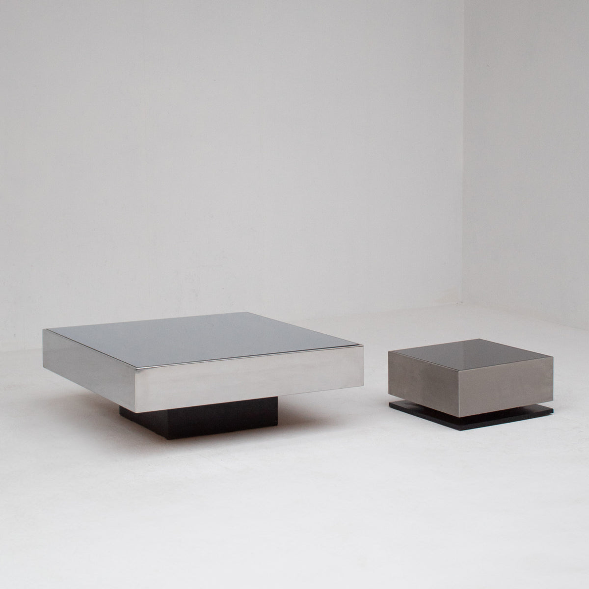 Pair of Italian Smoked Glass and Brushed Metal Coffee Tables by Malata Antwerp | The Oblist