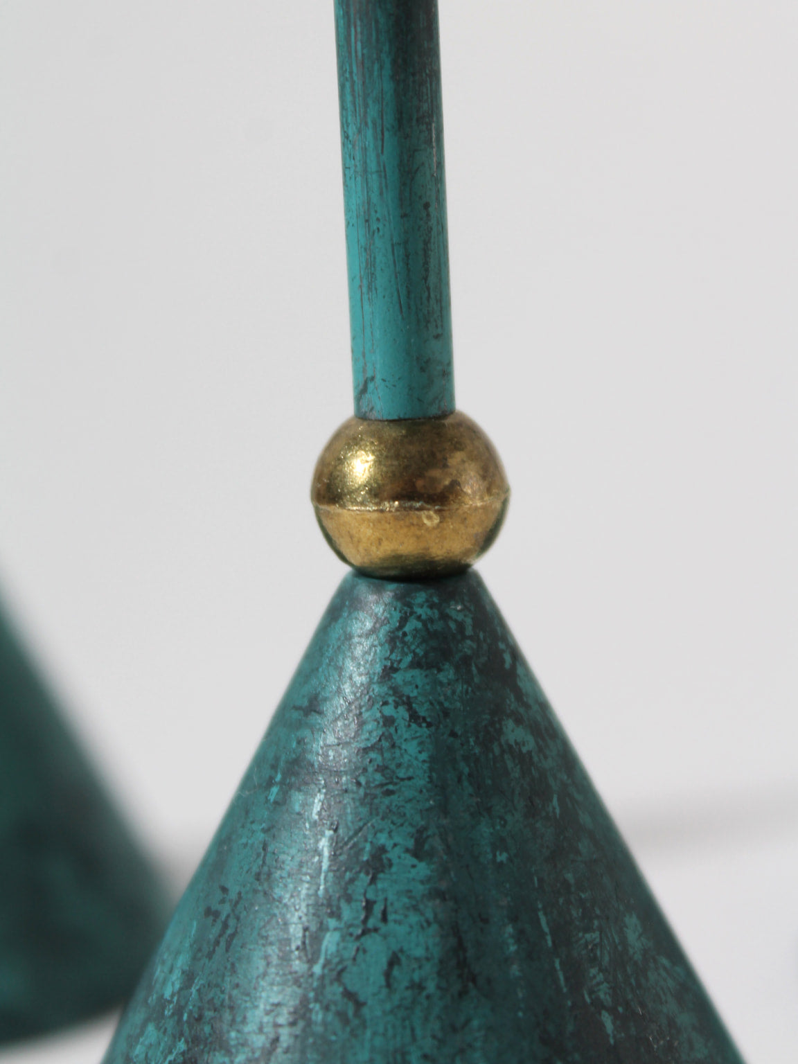 Memphis Design Metal Candle Holders Set, 1980s — close-up of turquoise metal with brass detail