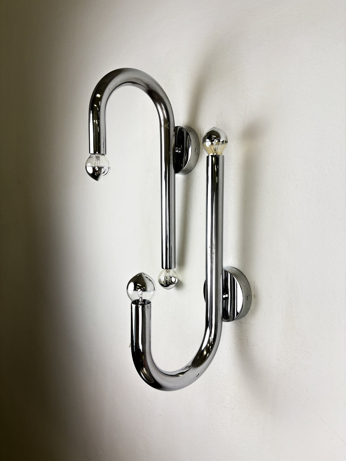 Pair of Space-Age Tubular Wall Lights, Chromed Metal, Italy, 1970s — side angle