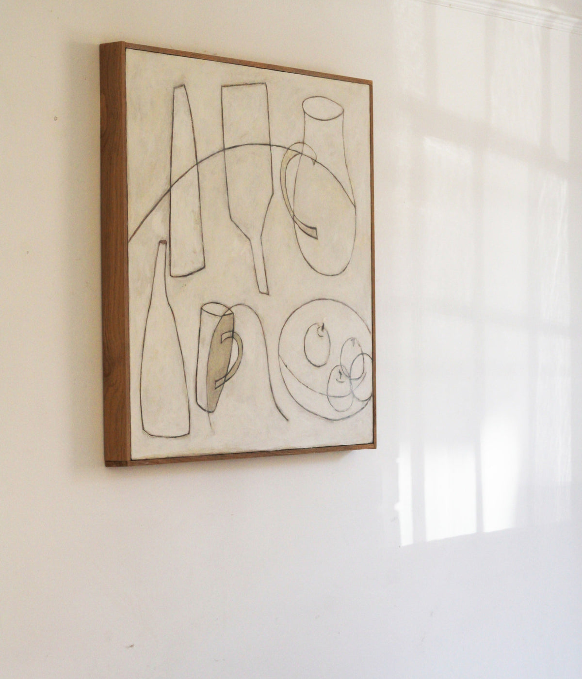 Minimalist line drawing still life with vessels and fruit in wooden frame