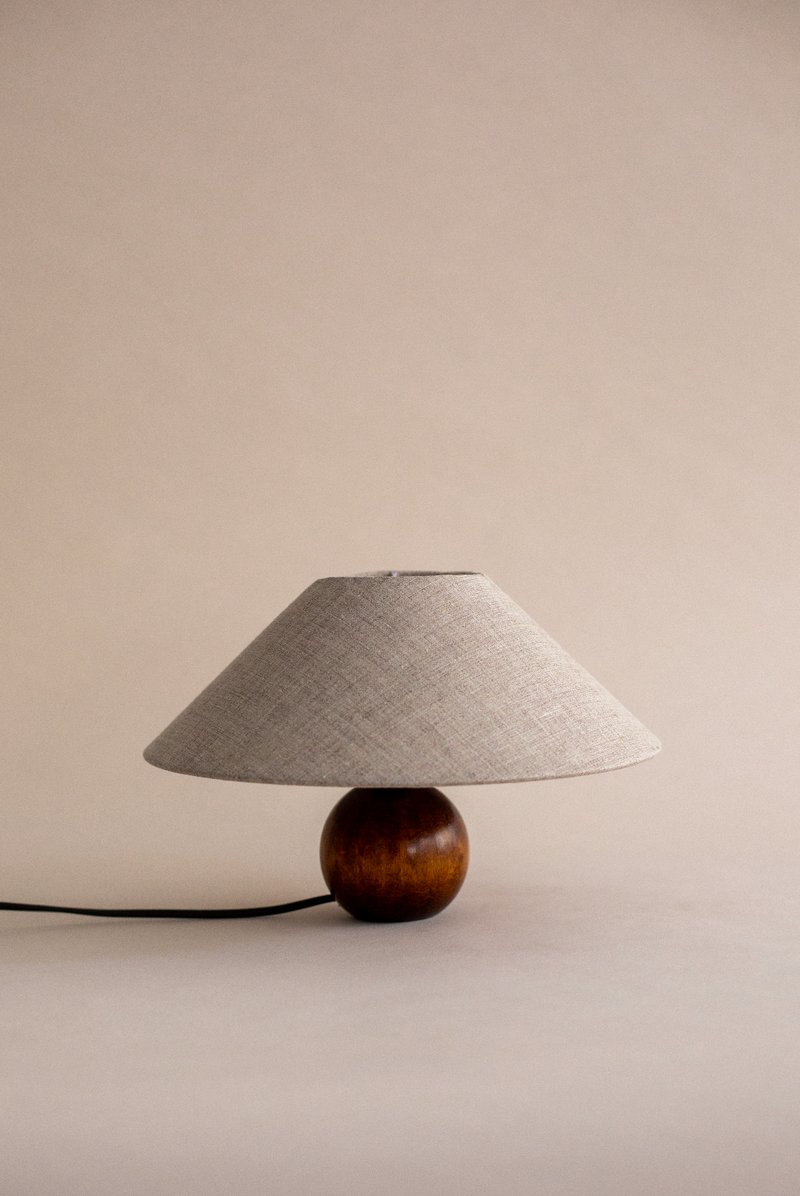 Pico table lamp with wooden base and beige linen shade by SÒLER