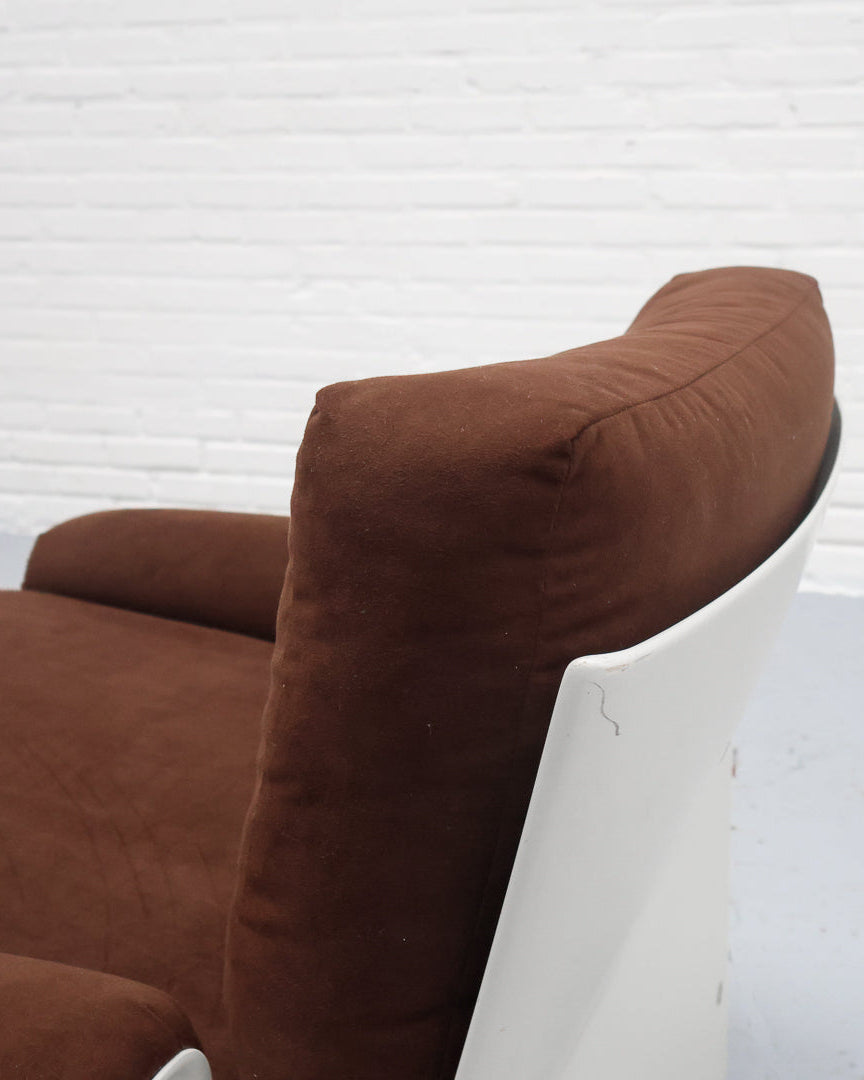 Close-up detail of Dieter Rams 620 chair brown fabric armrest