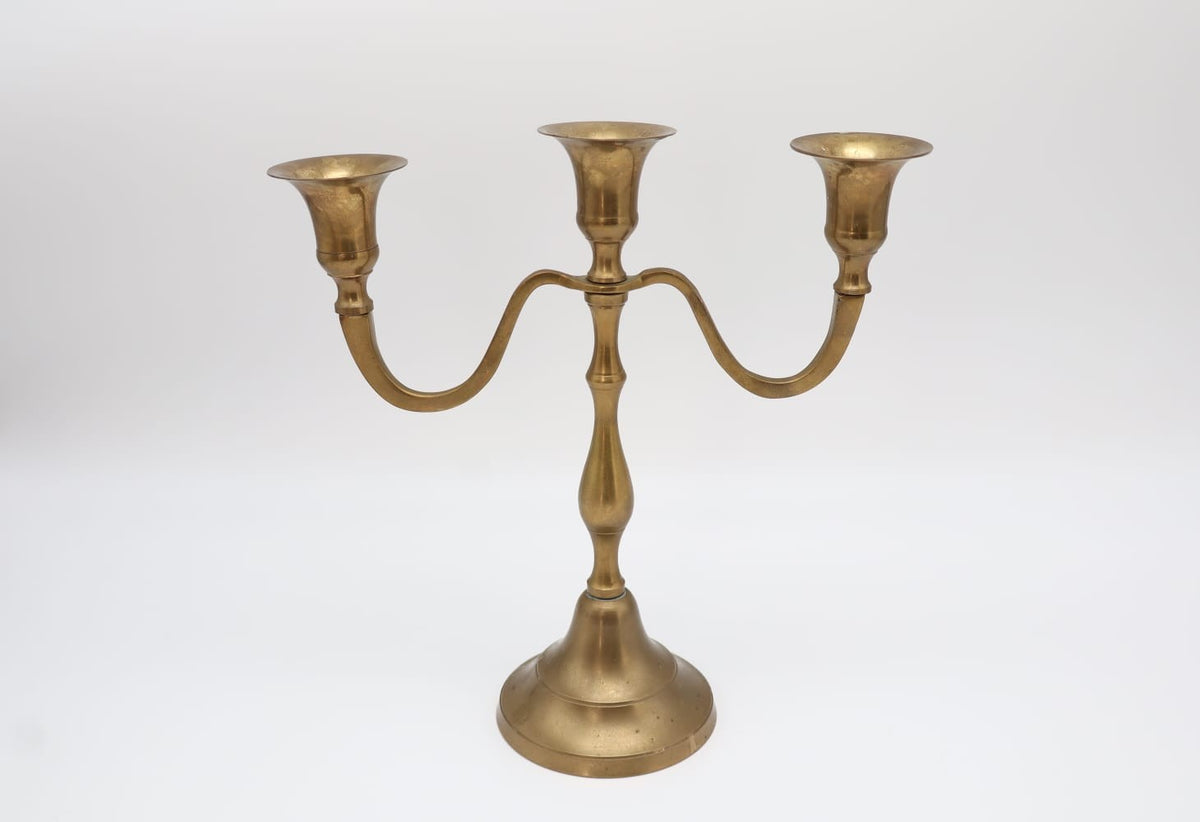 Vintage Three-Arm Solid Brass Candelabra – Circa 1970 — detail view