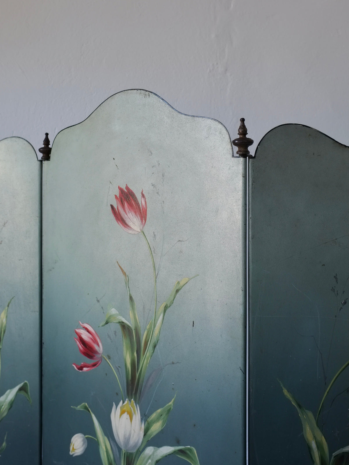 Hand-painted tulip flowers detail on Art Nouveau folding screen