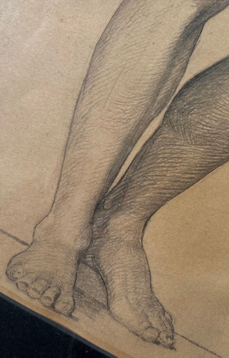 Figure Drawing in Pencil, Male Nude — close-up of feet on textured paper