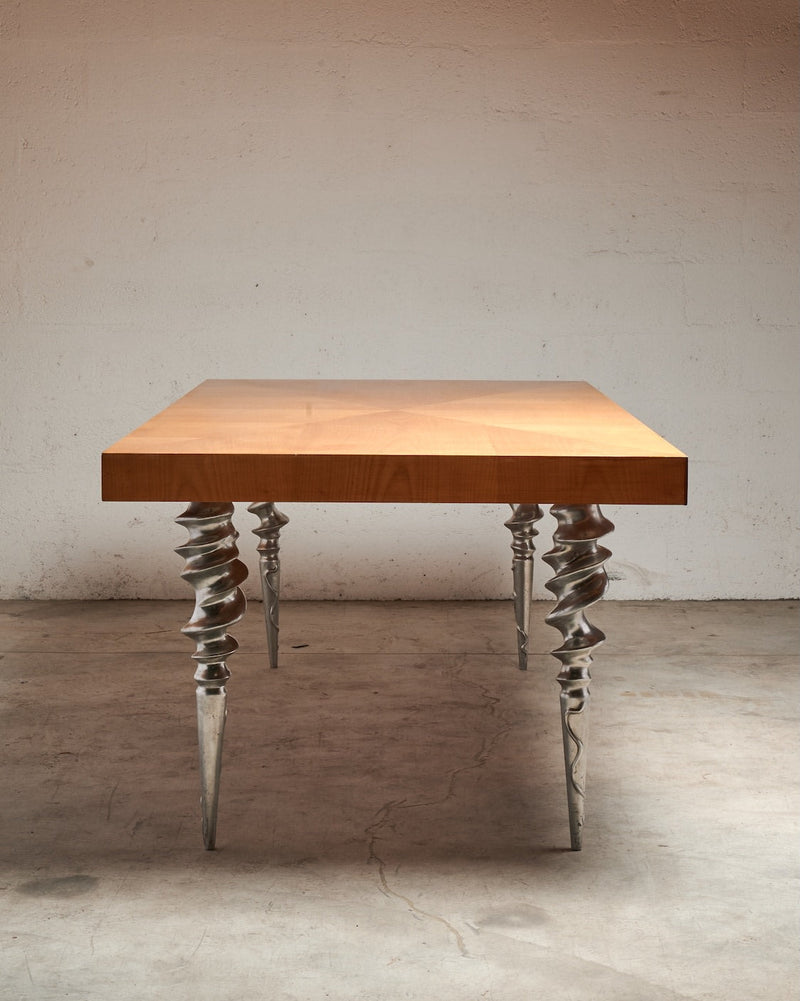Post-Modern Table with Marquetry Top and Cast Aluminum Legs, 1980's by Harold Mollet | The Oblist — wood top, metallic legs