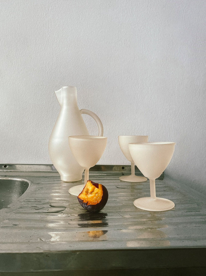 Ecru frosted glass pitcher set with three coupe glasses