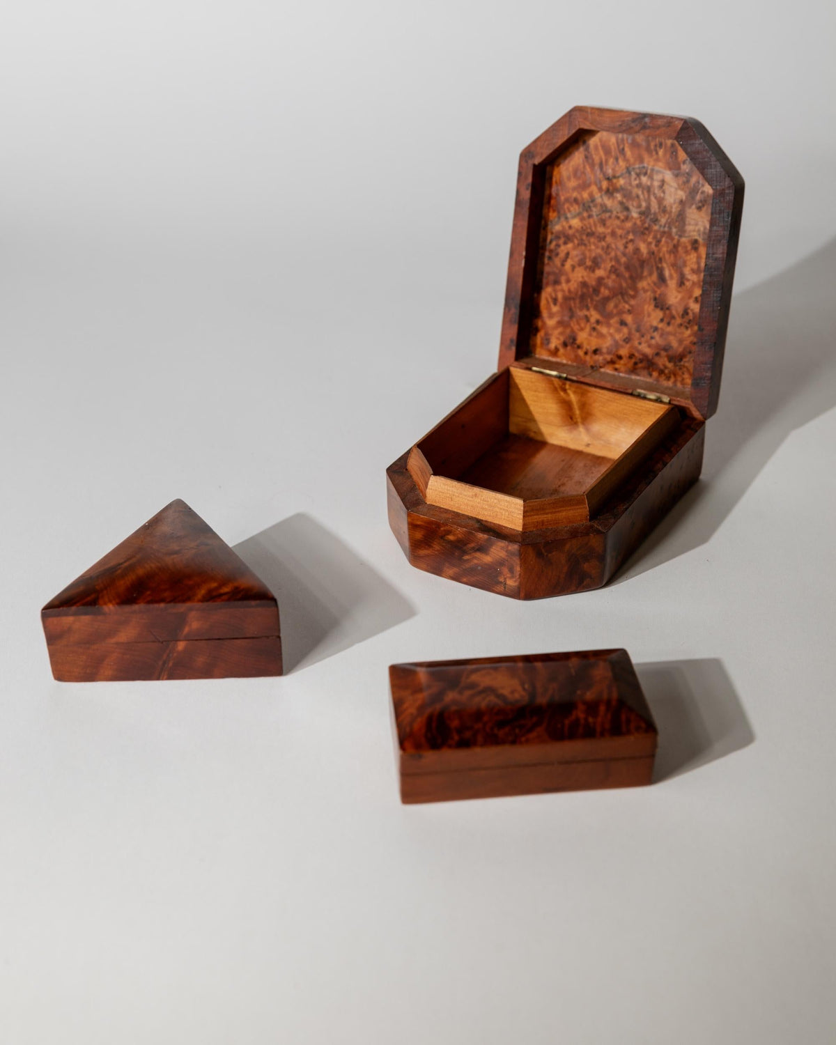 Vintage 1970s Burl Wood Desk Set of 3 Boxes, Different Sculptural Shapes, Mid Century Wooden Storage, Elegant Office Accessories, Gift Idea — view 11