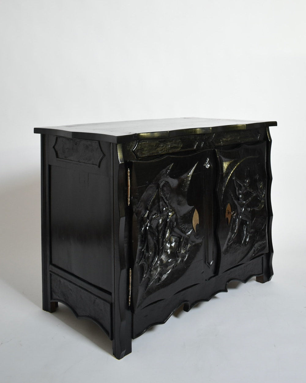 Johnny Ludécher Brutalist Cabinet, 1950s — side angle showing black wood and textured doors