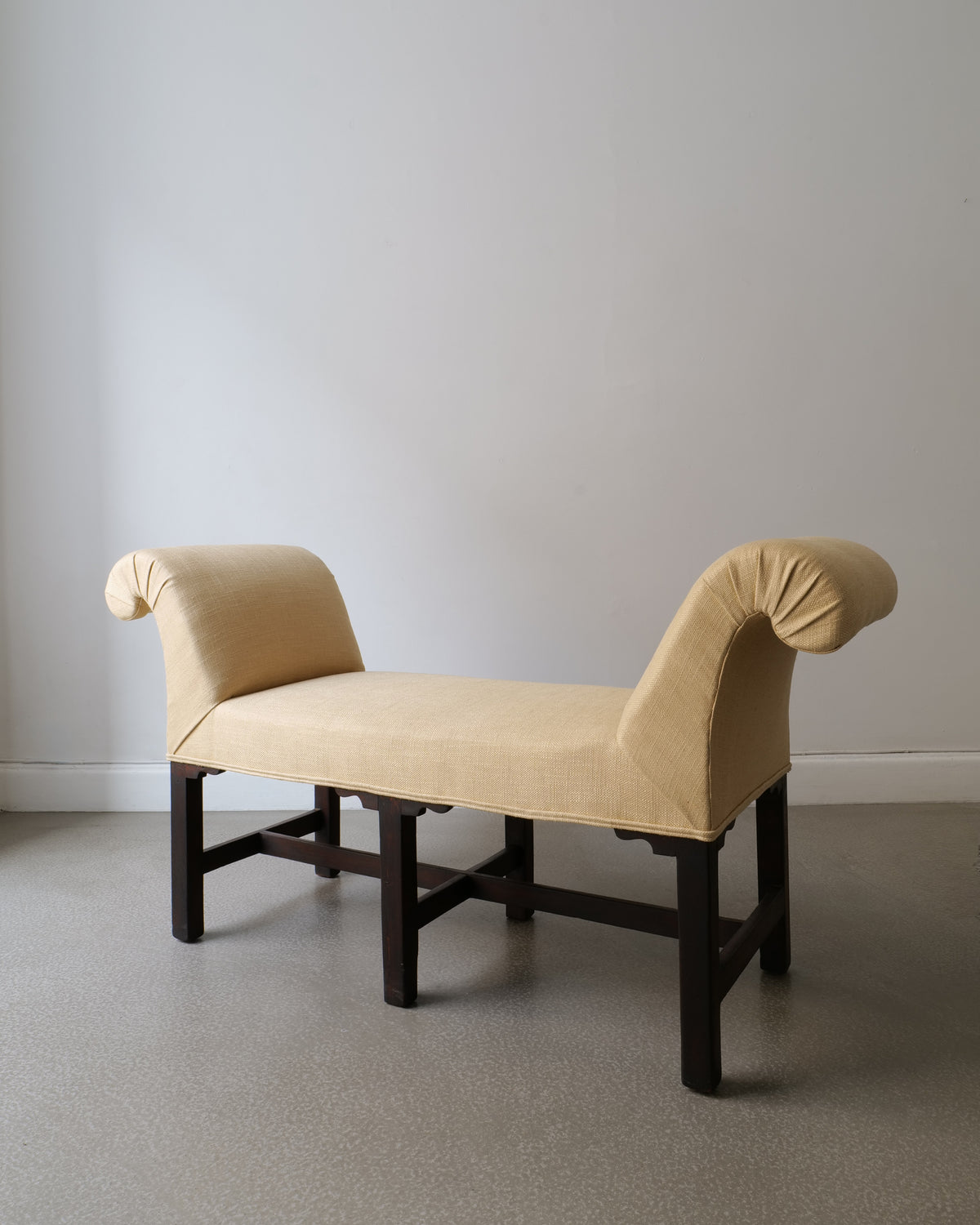 Swedish window seat bench 1900s, rolled arms, cream upholstery