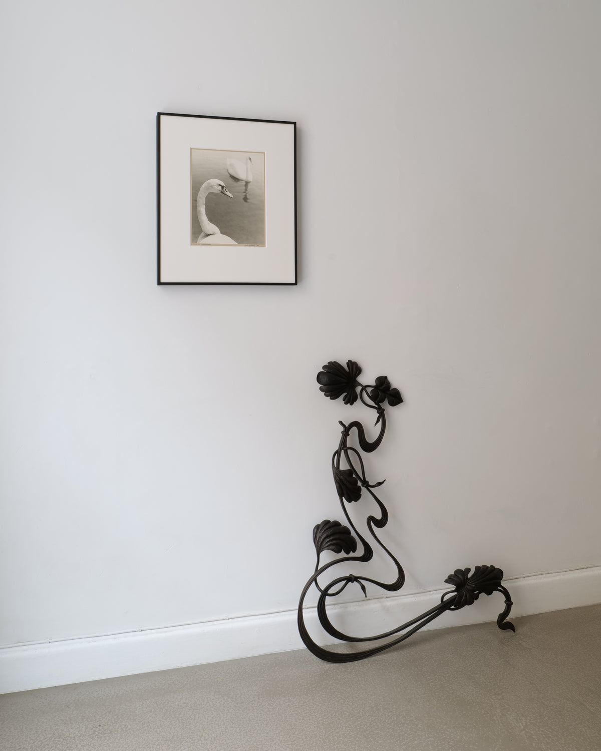 Hans Malmberg swan photograph 1968, lifestyle display with iron floral sculpture