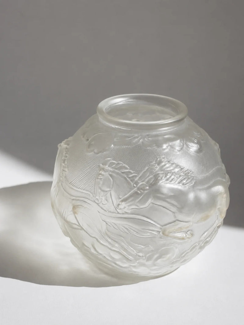 Pristine Art Deco "Galloping Horses" Frosted Glass Vase by Karl Zentner for Libochovice, c. 1930s by Trove Paris