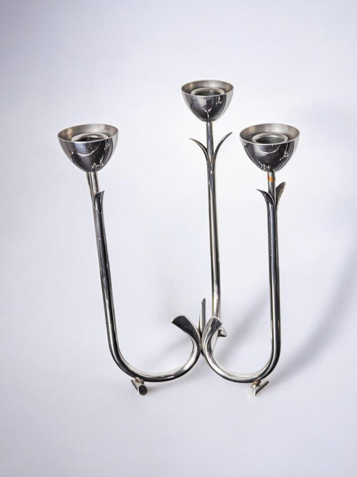 Art deco stainless steel 3-flame candlestick, Spain, 1970 — lifestyle setting