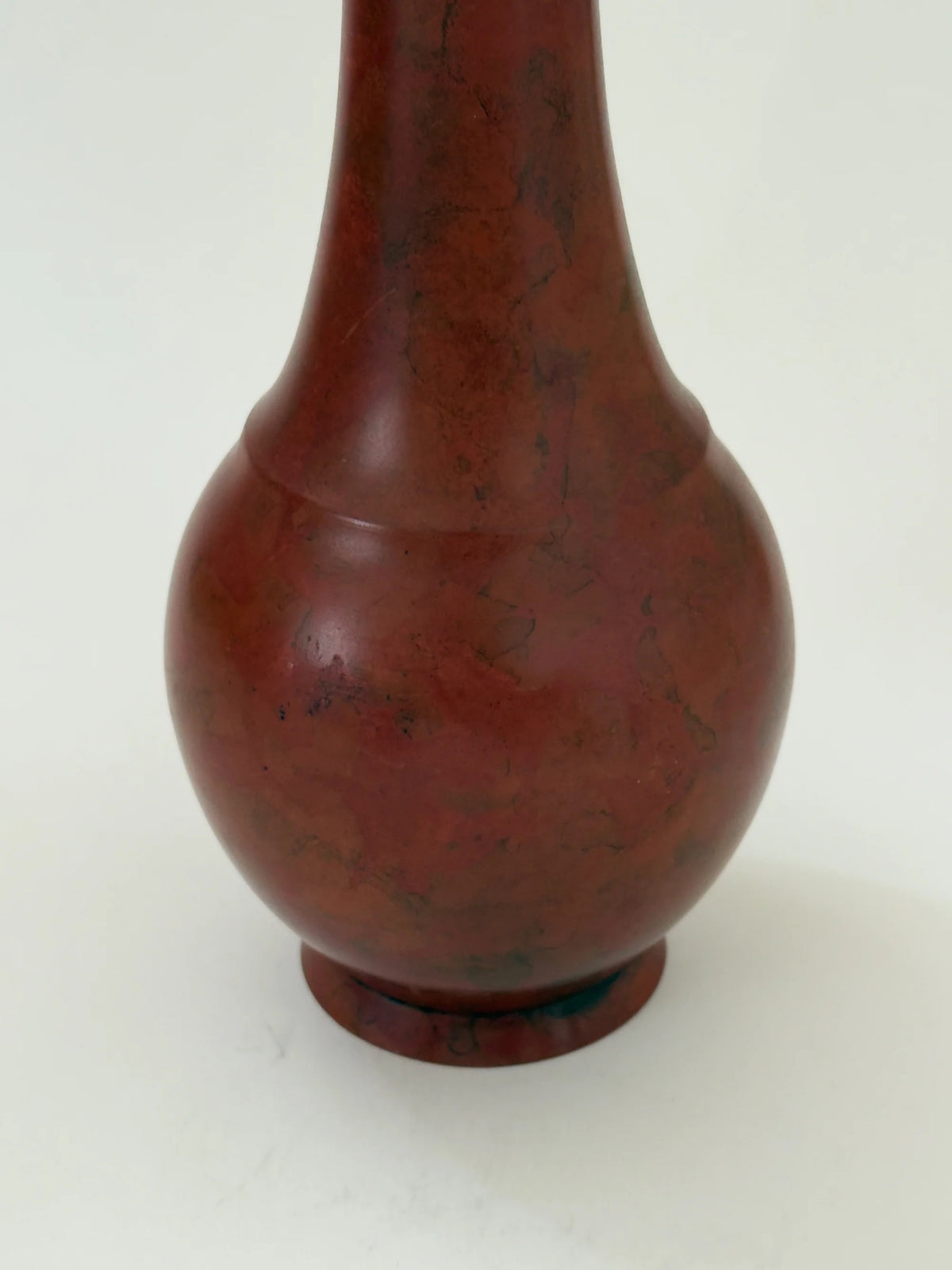 Japanese Bronze Vase with Mottled Vermilion Patina, Signed — side angle showing rounded body and smooth finish