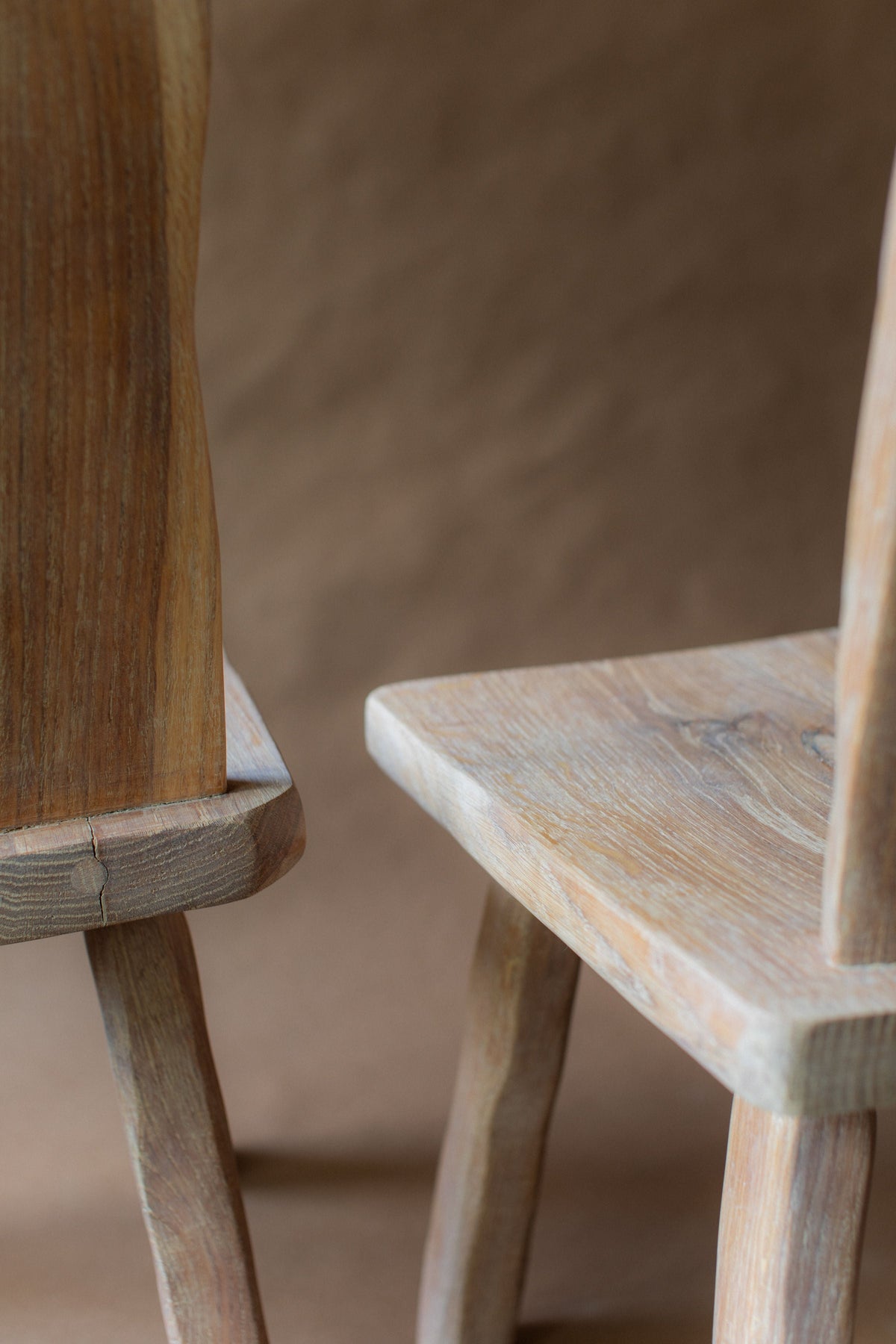 Close-up detail of brutalist chair wooden seat and backrest junction