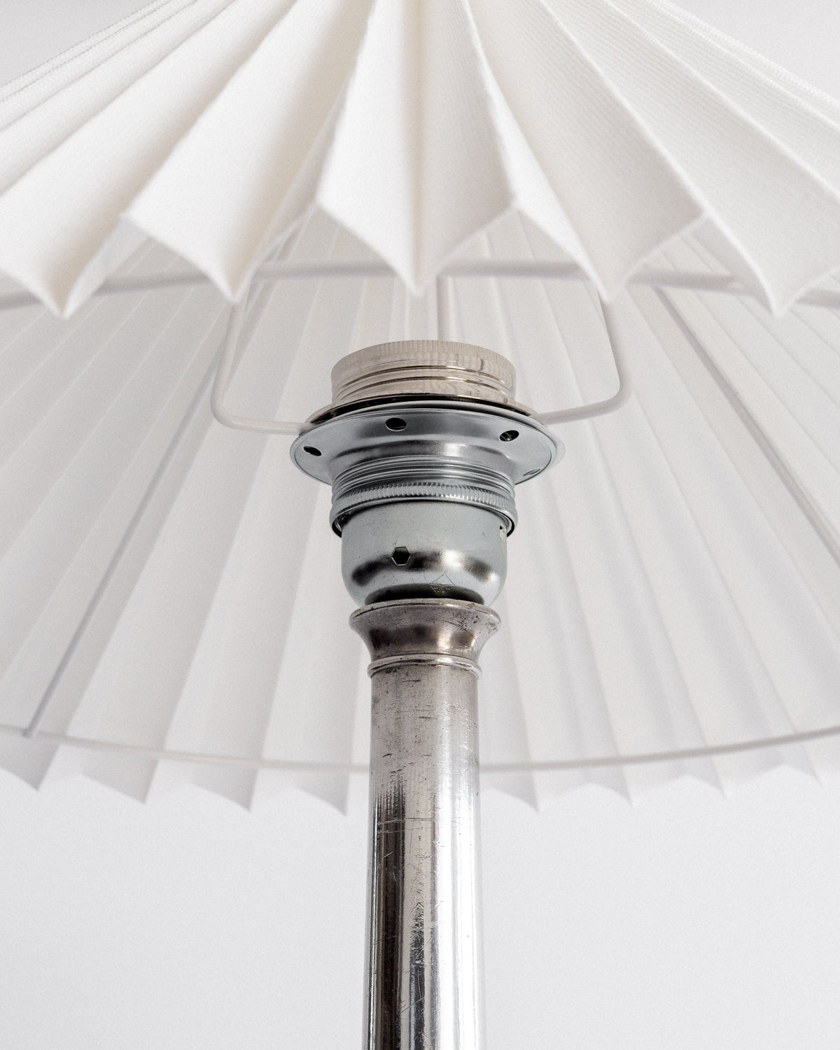 Art Deco Pewter Table Lamp, Denmark 1930s — close-up of pewter base and pleated shade