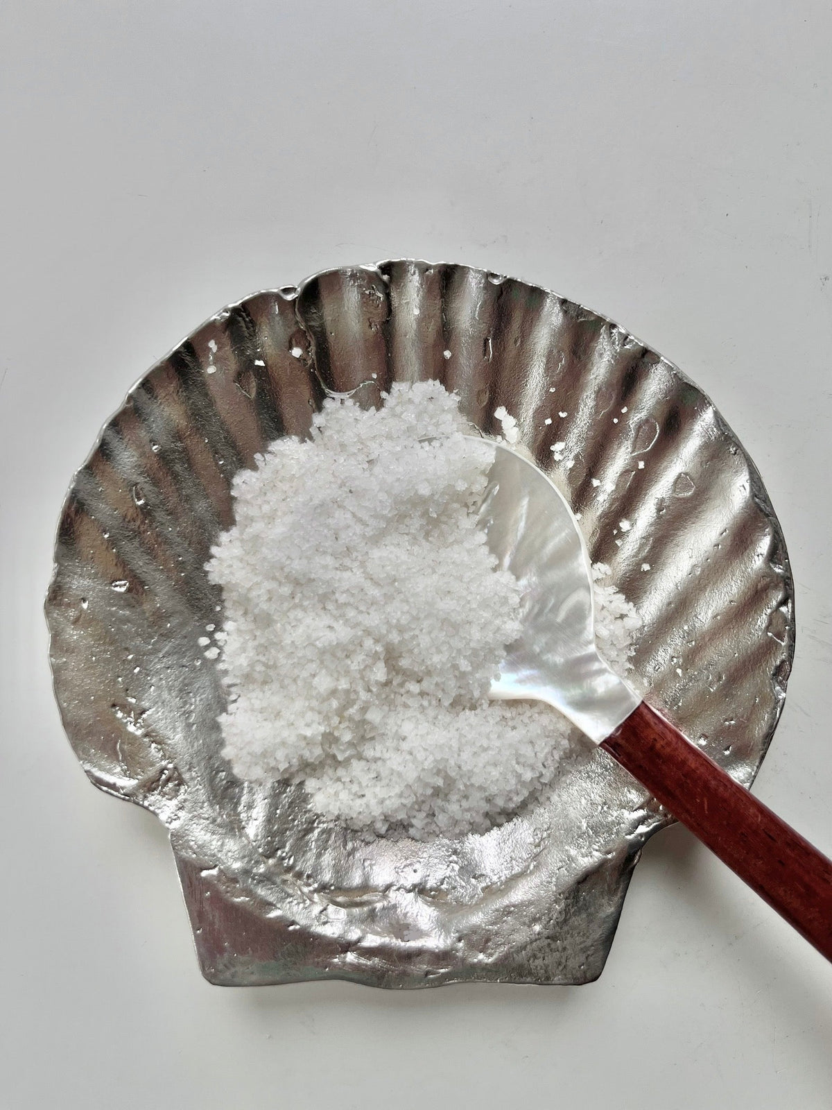 The Médecine Fossil Shell Plate in Silver is shown holding coarse white salt, with a spoon featuring a white scoop and wooden handle resting on top, all set against a white background.