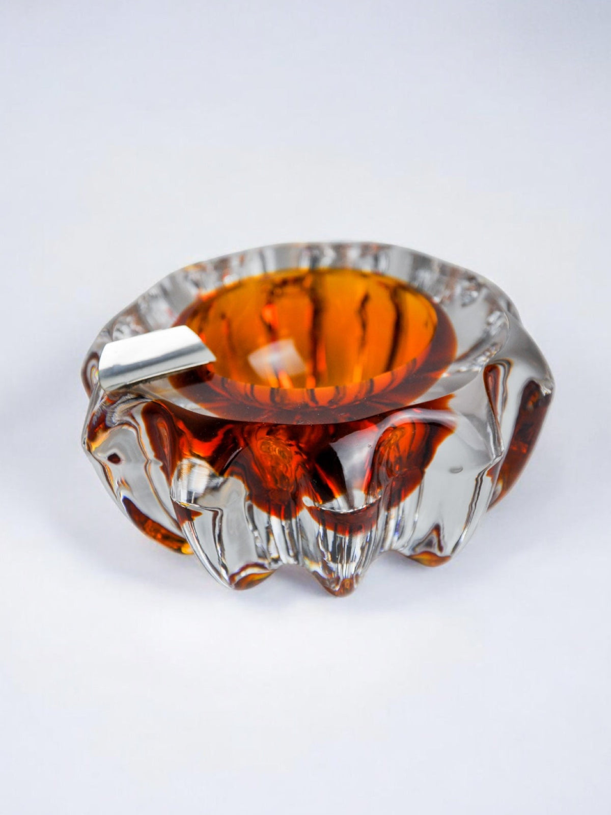 Orange Sommerso ashtray by Seguso, Murano glass & silver support, Italy, 1970 — side angle