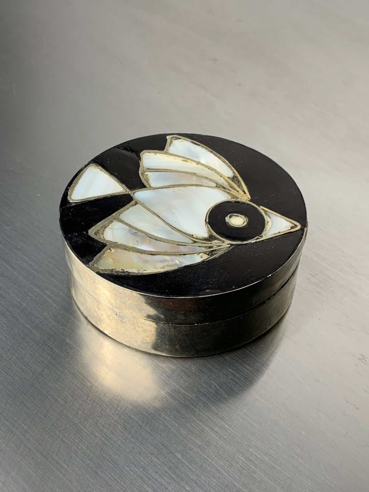 Abalone shell & alpaca silver fish box, Mexico, 1970's — side angle