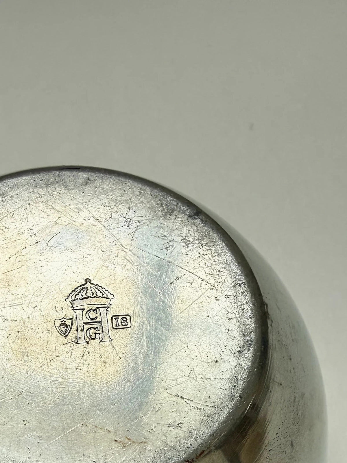Sculptural Pewter Bonbonnière, Sylvia Stave, CG Hallberg, 1930s — close-up of engraved base detail