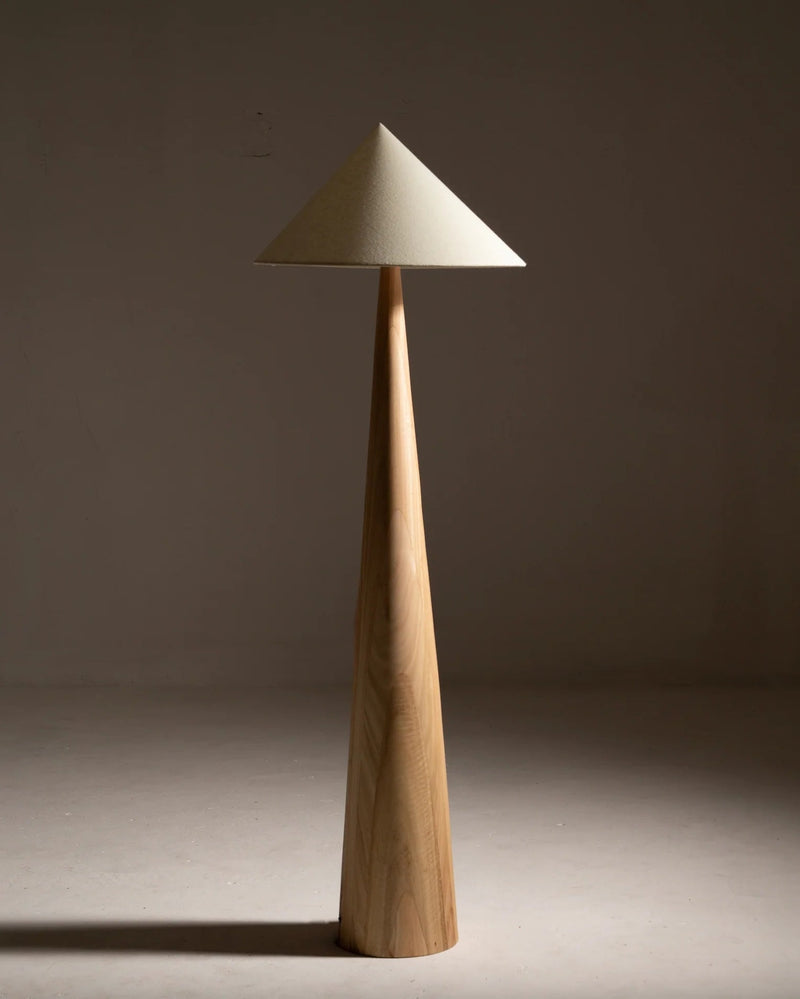 Otrono wooden floor lamp with triangular fabric shade by Policronica