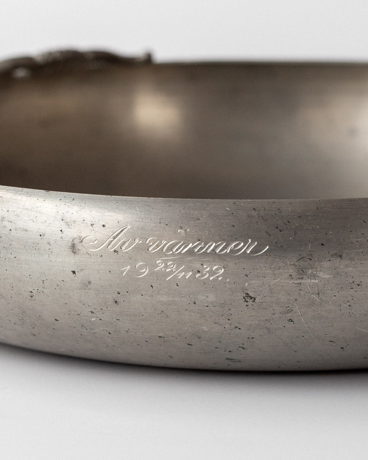 Art Deco Pewter Bowl by Sylvia Stave, Sweden, 1932 — top view highlighting engraved signature