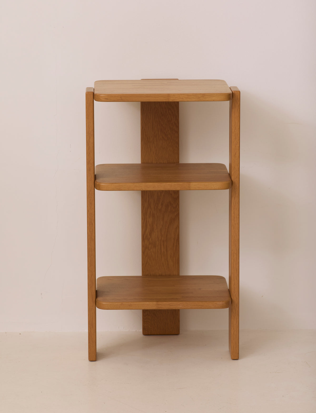 French Artisanal Shelf in Solid Oak c. 1980 — side view highlighting three wooden shelves