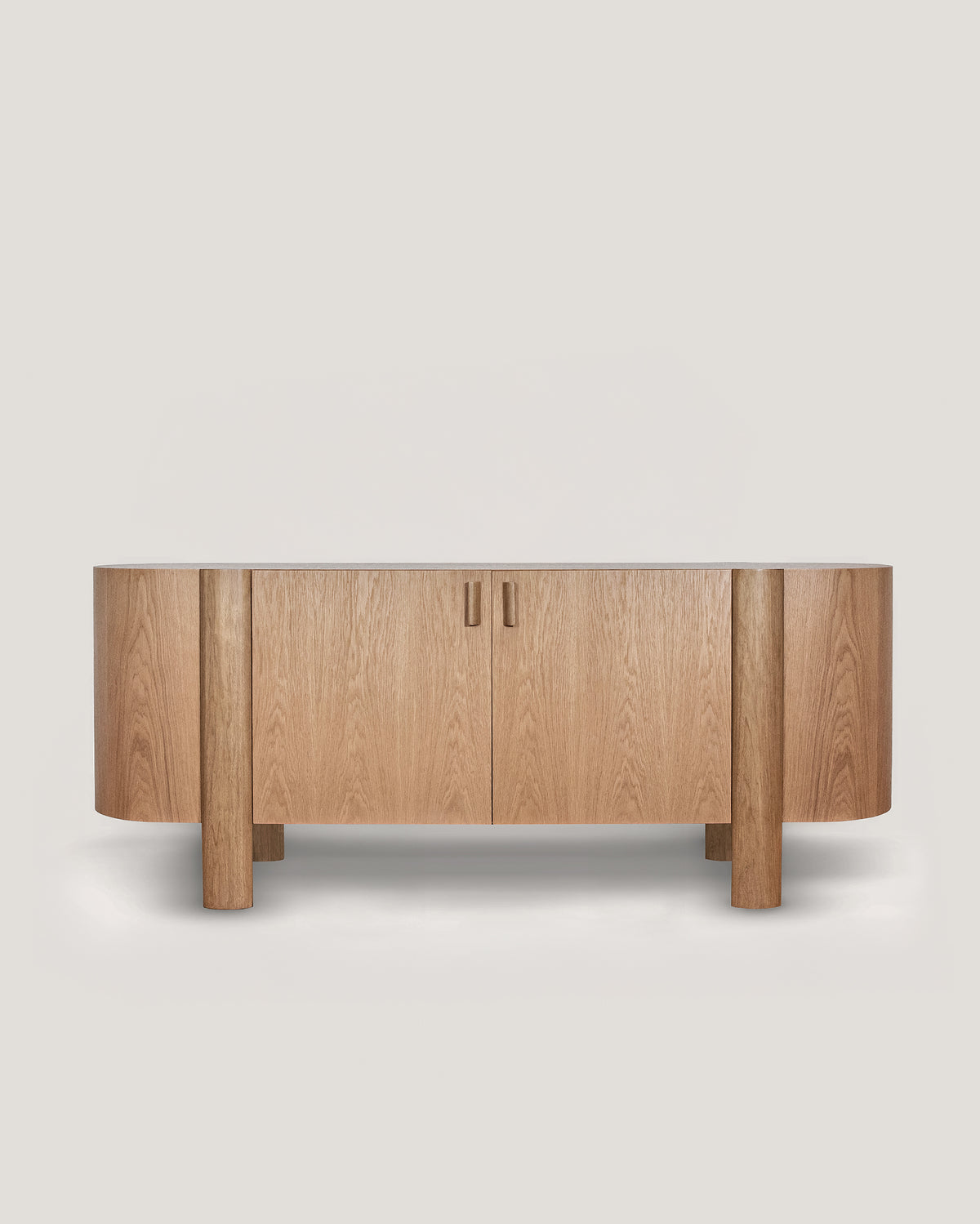 Era oak wood credenza cabinet with curved cylindrical ends and geometric legs