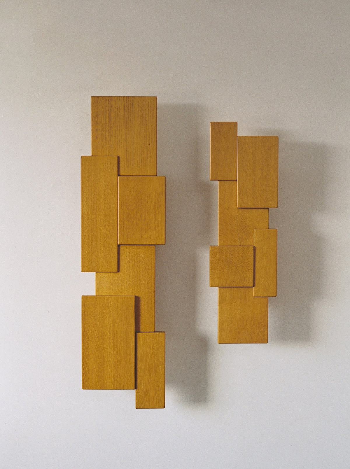 Vintage Set of Two French Oak Wood Sculptural Lamps Wall Lights C. 1980 — back view showing layered wooden blocks on wall