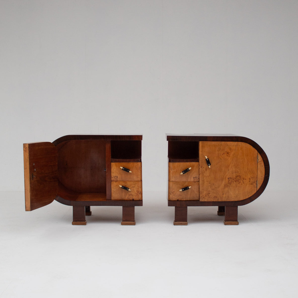 Pair of Art Deco Nightstands with Burl Wood Fronts — lifestyle setting