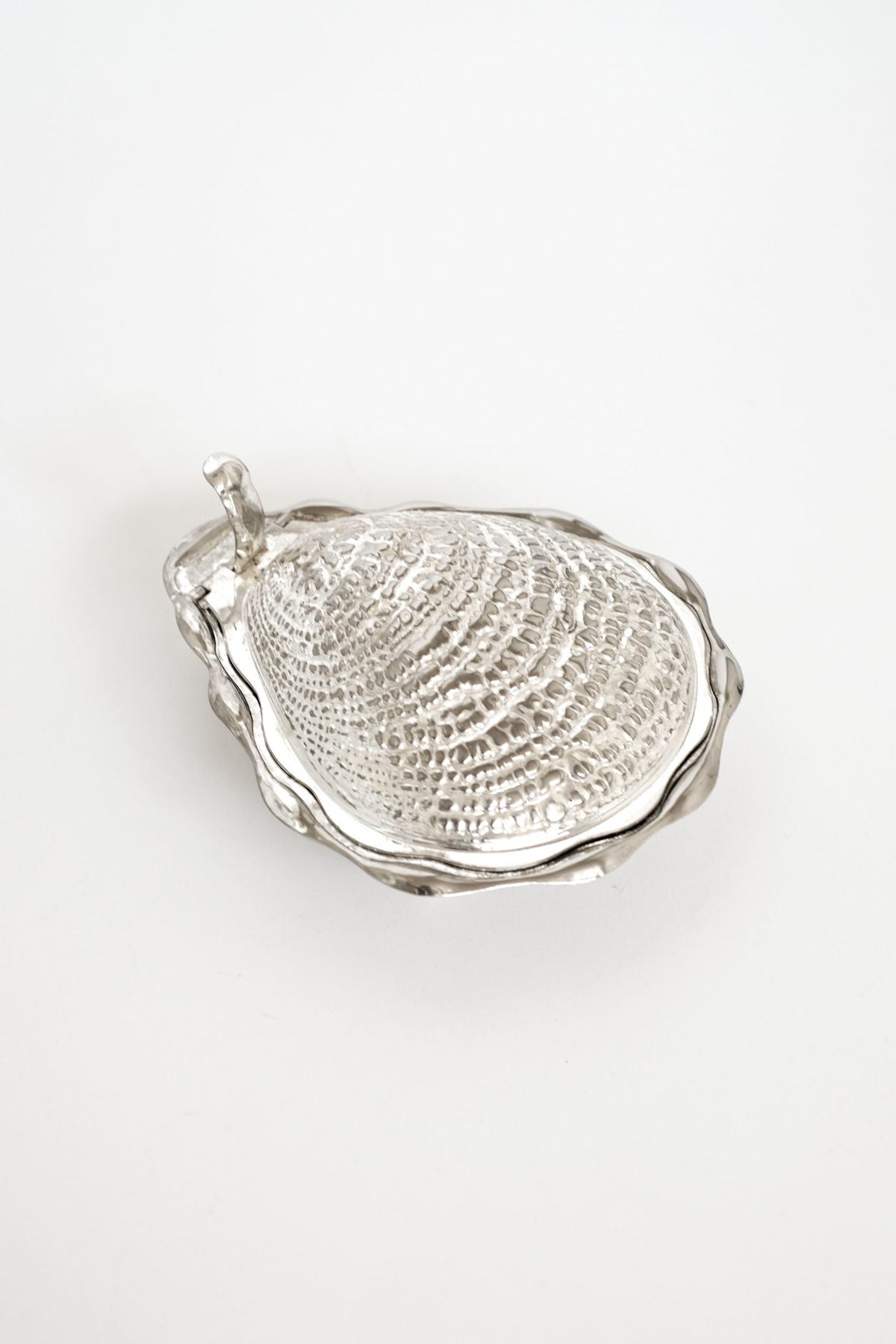 Large Shell Butter Dish — side angle showing textured silver surface