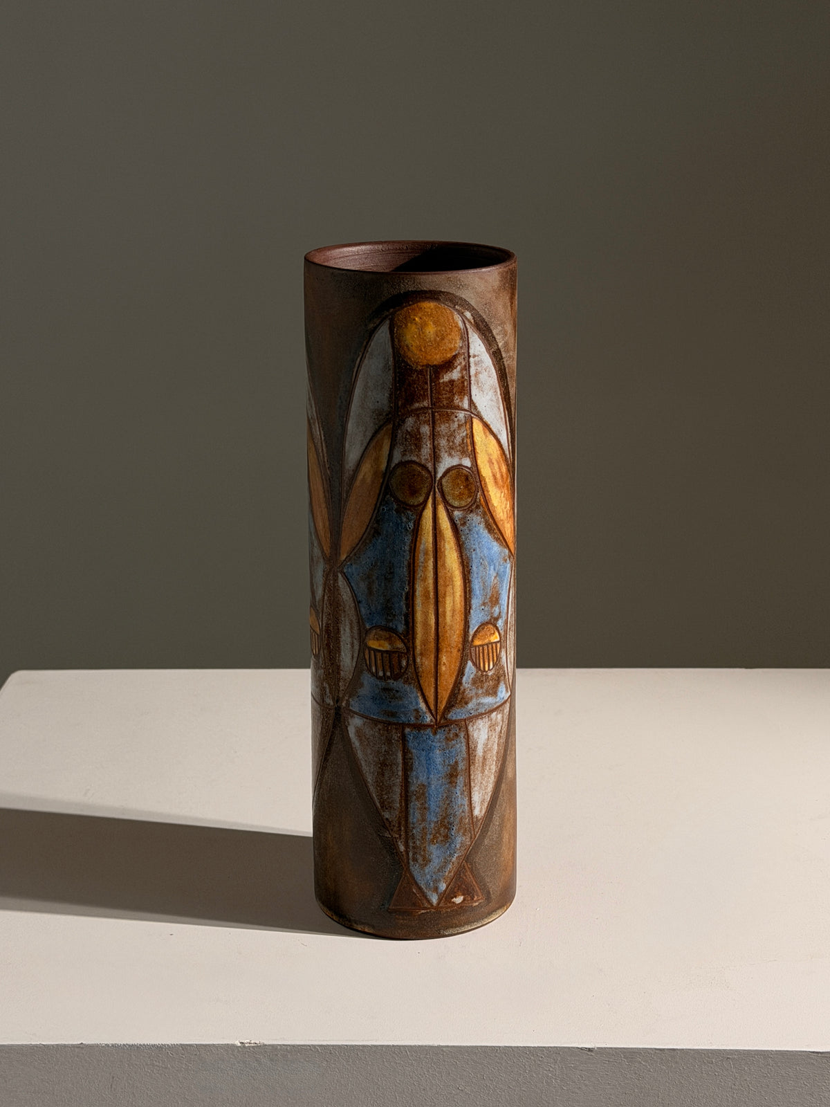 Cylindrical ceramic vase by Alexandre Kostanda, Vallauris, circa 1950 by Figuresdesign | The Oblist