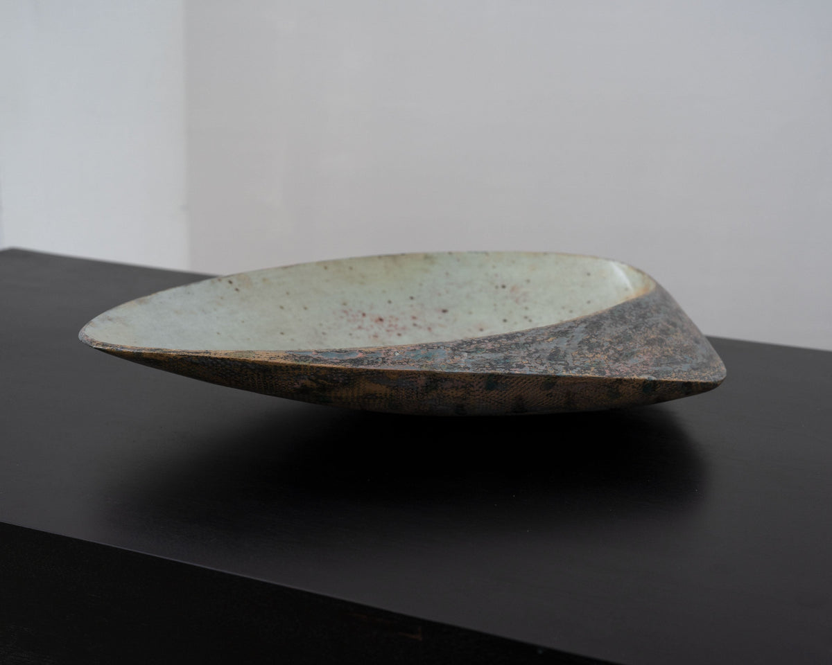 Large ceramic bowl profile view showing curved form and speckled glaze
