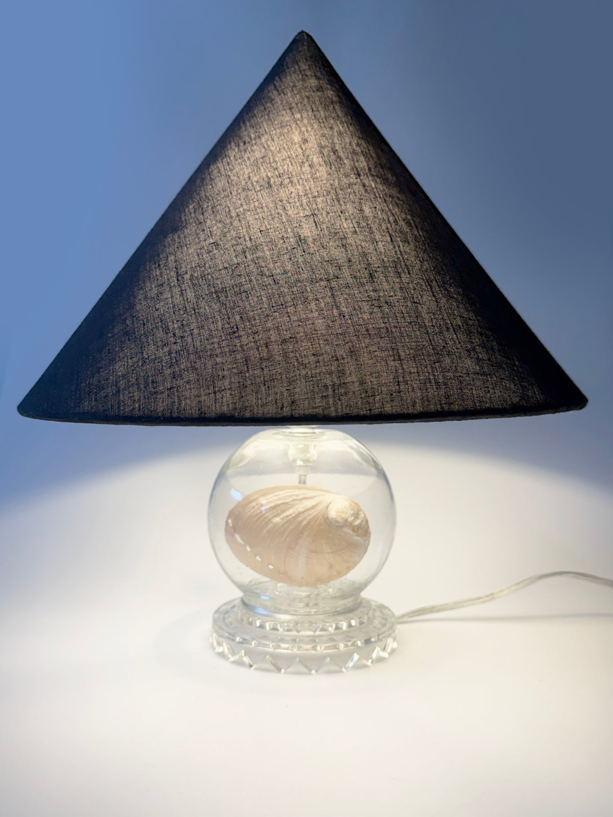 Deco Pressed Glass Lamp with Shell and Custom Linen Shade — side angle