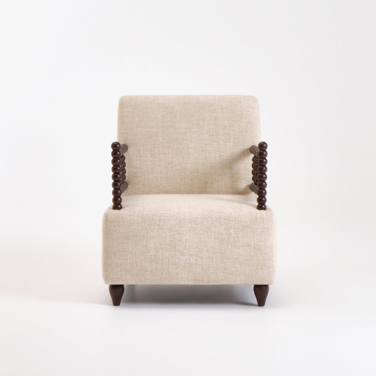 Bolha Lounge Chair — front view with beige upholstery and wooden arms