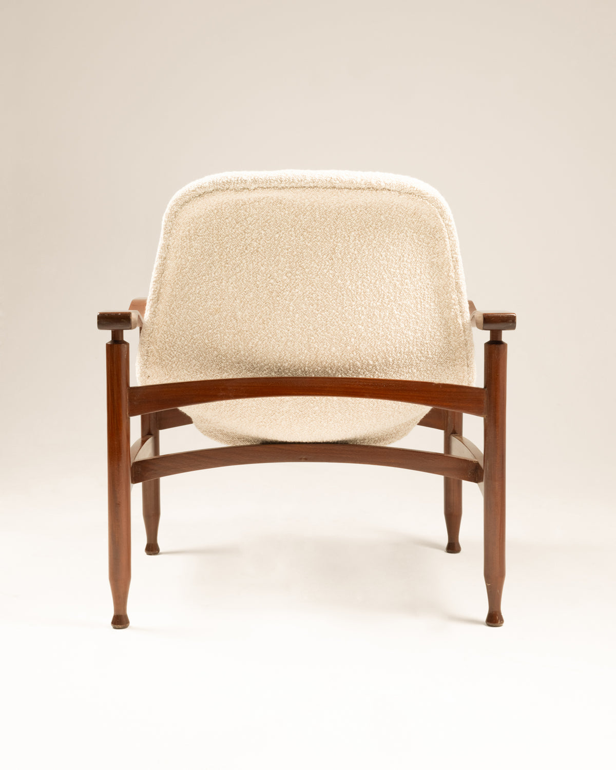 Mid-century Italian Tiki armchair in cream bouclé fabric, walnut frame