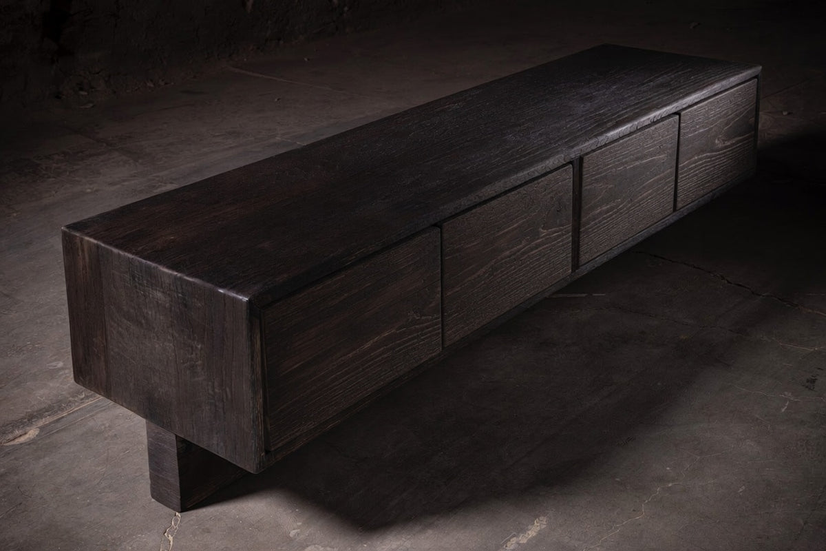 Obsidian Console, Burned Solid Oak, Shou Sugi Ban Technique. — lifestyle setting