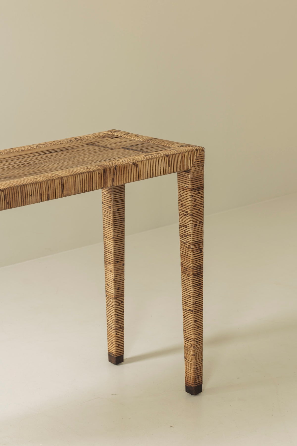Exceptional French Rattan Wrapped Console Table, 1970s — lifestyle setting