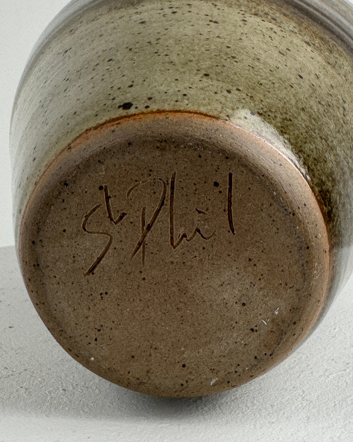 Bottom signature detail of vintage French stoneware vase 1960