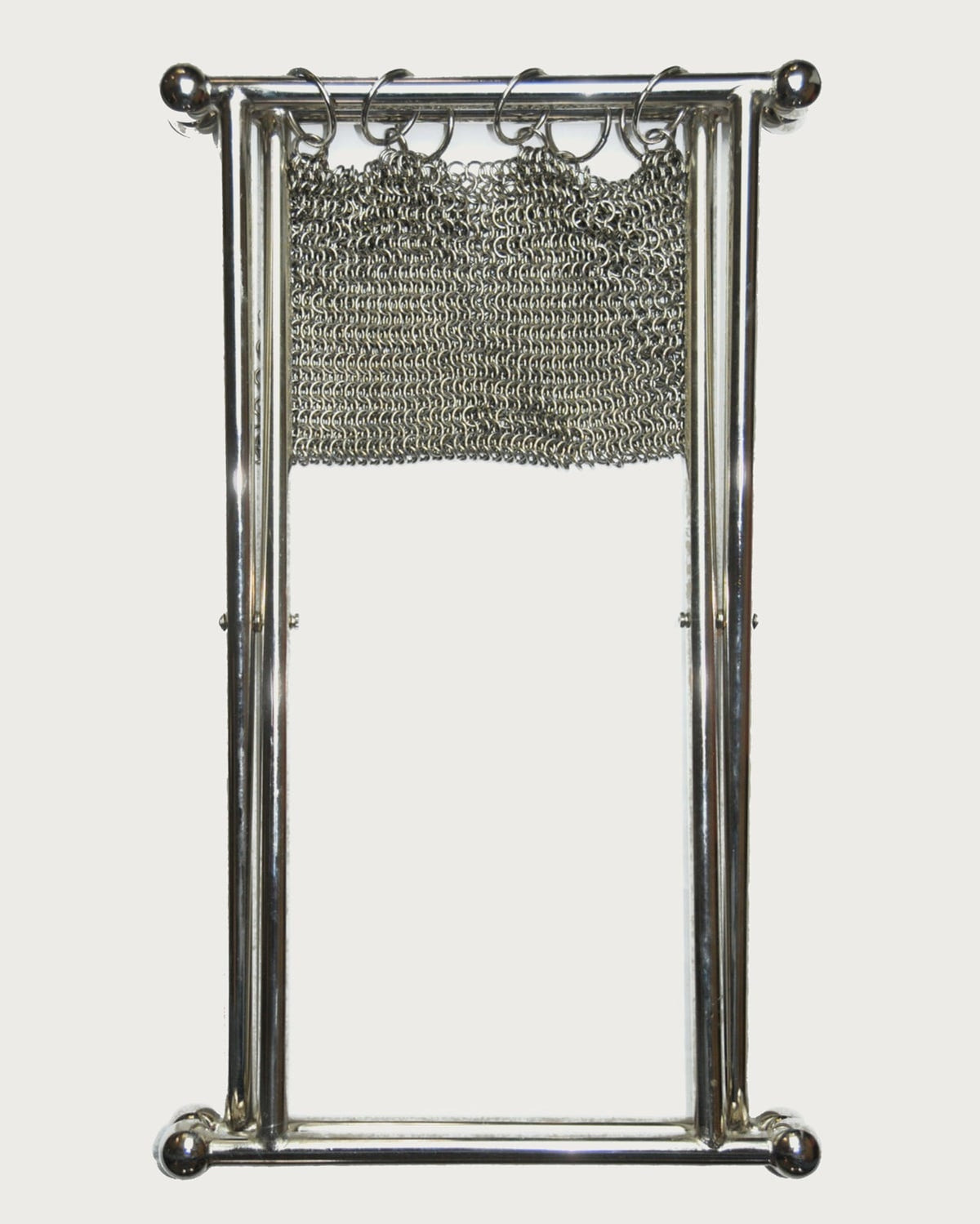 Steel chainmail camping stool with chrome frame showing mesh detail