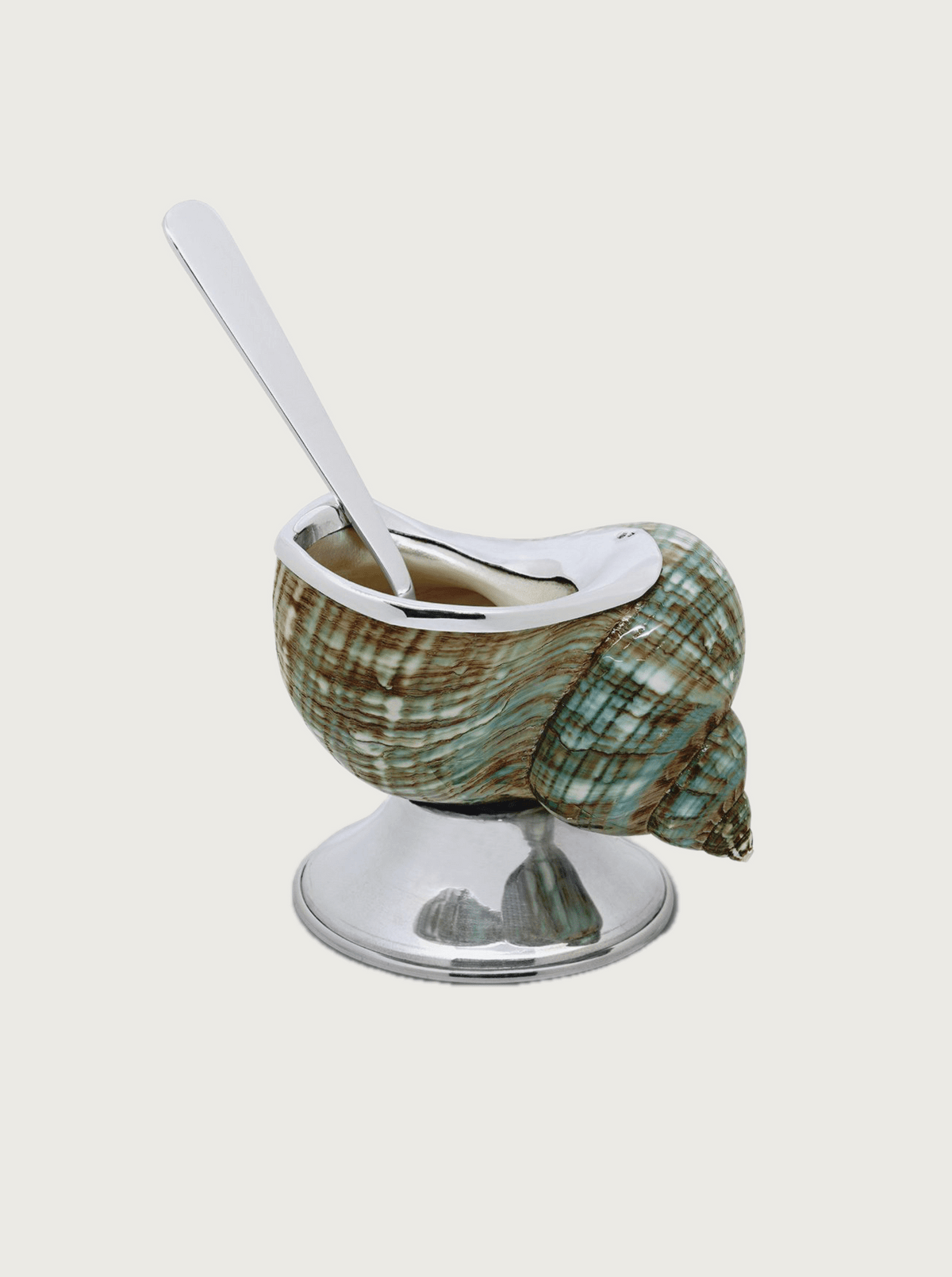 Jade Shell Sugar Bowl — side view with silver spoon and shell design